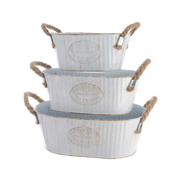 Cubo de zinc ovalado con asa de cuerda set de 3 uds